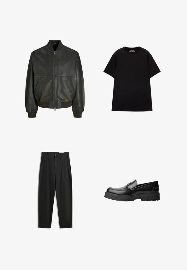 Sort læder bomberjakke med ribbet krave, zip-lukning og to sidelommer. Har en glat tekstur og en tætsiddende pasform.; PULL&BEAR JOIN LIFE - T-shirts basic - black; Sorte bomuldsbukser med en afslappet pasform, der har en klassisk talje, frontfolder og sidelommer. Glat tekstur uden mønstre.; Sort læderloafer med kraftig sål og dekorativ rem henover, vist i venstre sideprofil på hvid baggrund.