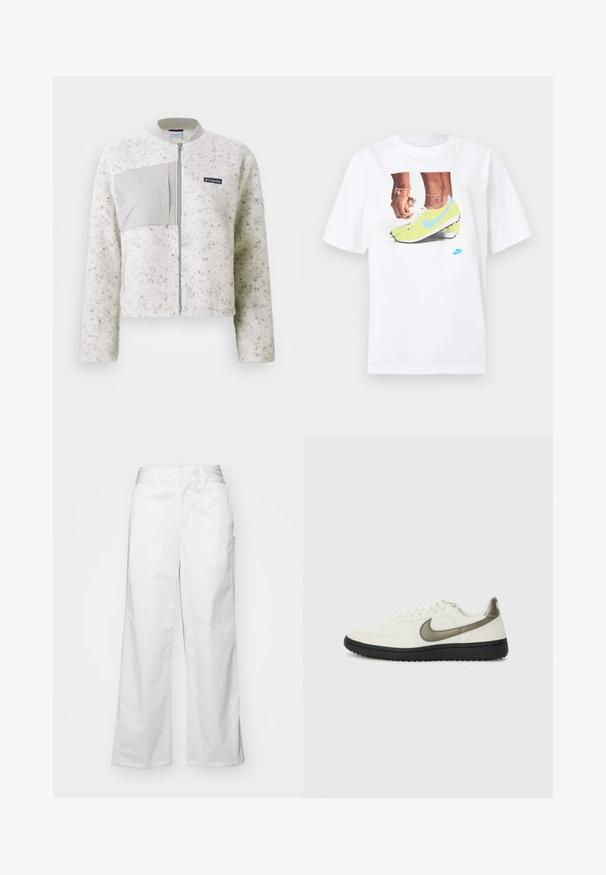 Giacca in pile bianca con un pannello grigio morbido sulla sinistra, chiusura con zip e colletto a costine. Superficie testurizzata con leggere macchie.; T-shirt bianco in cotone con una grafica di piedi che indossano scarpette Nike gialle con dettagli blu, abbinato a un braccialetto al polso sinistro.; Pantaloni bianchi a gamba larga realizzati in cotone, con una texture liscia, vestibilità dritta, tasche frontali e orlo pulito.; Nike Sportswear FIELD GENERAL - Sneakers basse - off-white/black