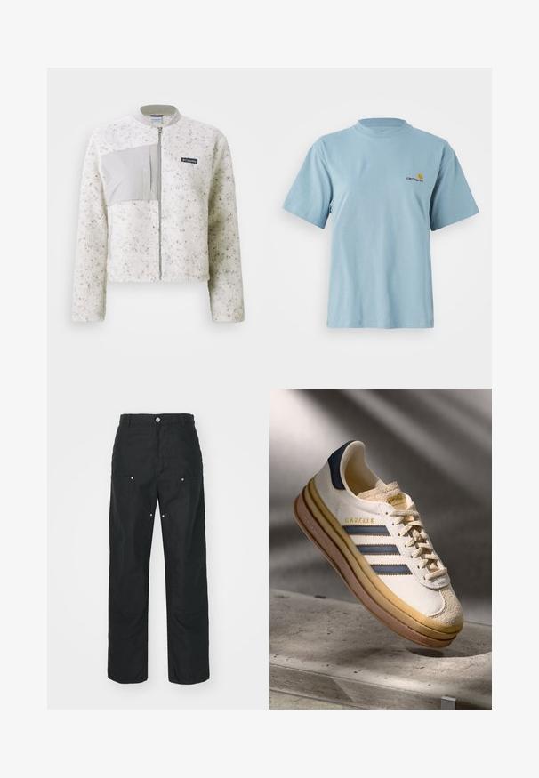 Weiße Fleecejacke mit einem glatten grauen Teil auf der linken Seite, Reißverschluss und geripptem Kragen. Strukturierte Oberfläche mit subtilen Sprenkeln.; Himmelblaues kurzärmeliges Baumwoll-T-Shirt mit Rundhalsausschnitt und kleinem gelben und roten Carhartt-Logo auf der linken Brust.; Schwarze Hose mit geradem Bein, aus einem strukturierten Stoff. Verfügt über dekorative silberne Hardware und einzigartige Nahtdetails.; Adidas Gazelle Sneaker mit einem Obermaterial aus cremefarbenem Wildleder, blauen Lederakzenten, drei blauen Streifen, beiger Zwischensohle und brauner Gummisohle.