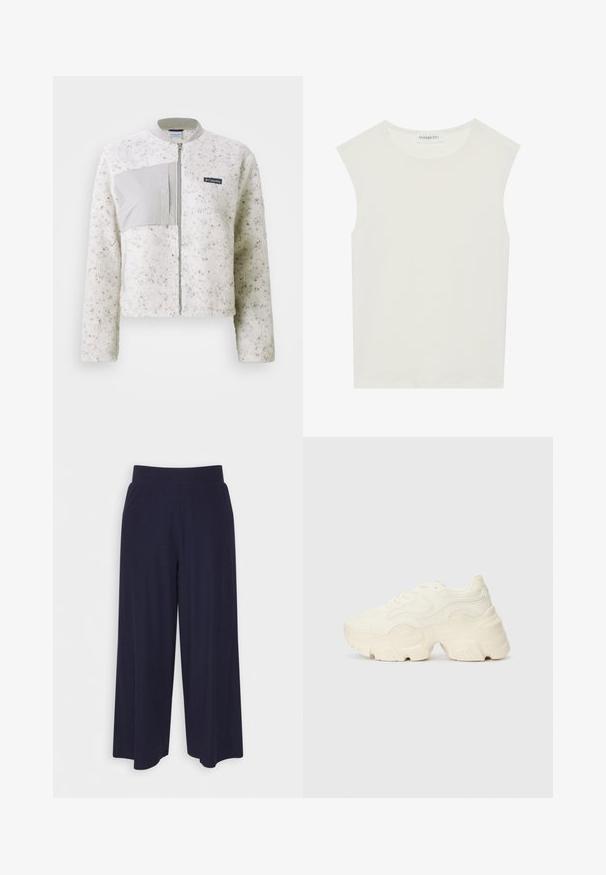 Chaqueta de forro polar blanca con un panel gris suave a la izquierda, cierre con cremallera y cuello acanalado. Superficie texturizada con sutiles motas.; Top blanco sin mangas con escote redondo. Hecho de una tela suave, presenta un corte relajado y un diseño minimalista. Sin patrones ni acentos.; Pantalones de pierna ancha en tejido de un oscuro color navy con una textura acanalada. Presenta una cinturilla suave y una silueta fluida, llegando a la altura de las pantorrillas.; Zapatillas blancas gruesas hechas de malla texturizada y materiales sintéticos, con una suela gruesa y detalles de patrones intrincados a lo largo de los lados.