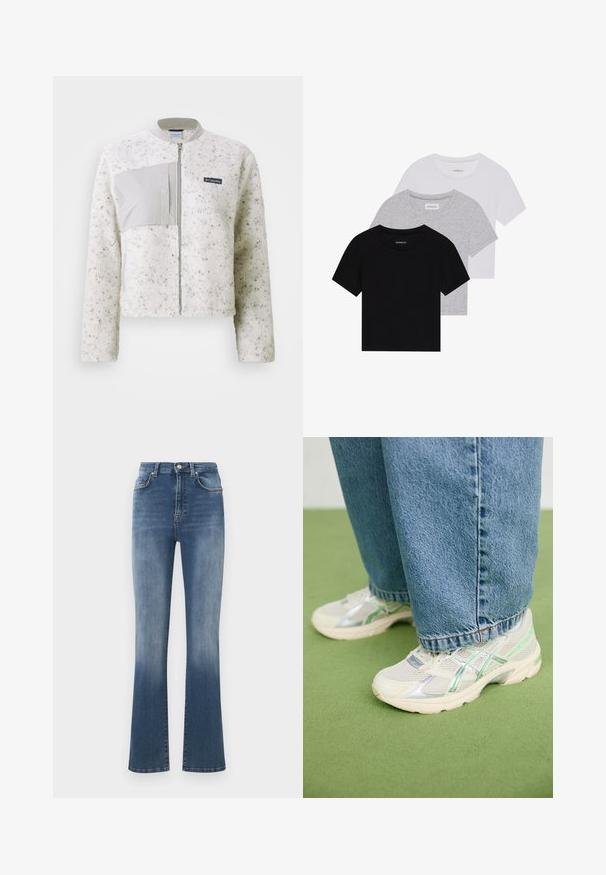 Balta pūkinė striukė su lygiąja pilka plokšte kairėje, užtrauktuku užsegama ir su raukšlėtu apykakle. Tekstūruotas paviršius su smulkiais taškeliais.; Trijų trumpomis rankovėmis marškinėlių rinkinys juodos, pilkos ir baltos spalvos. Pagaminti iš medvilnės, turi apvalų iškirpimą ir paprastą, vientisos spalvos dizainą.; Aukštai iškelti mėlyni džinsai su praplatėjimais, blukantys nuo tamsiai mėlynos iki šviesiai mėlynos, su priekinėmis kišenėmis ir diržo kilpomis.; Balti ir sidabriniai tinkliniai sportbačiai su žaliais akcentais, dėvimi su laisvomis mėlynomis džinsomis, stovint ant žaliai kiliminei dengtame grindyse.