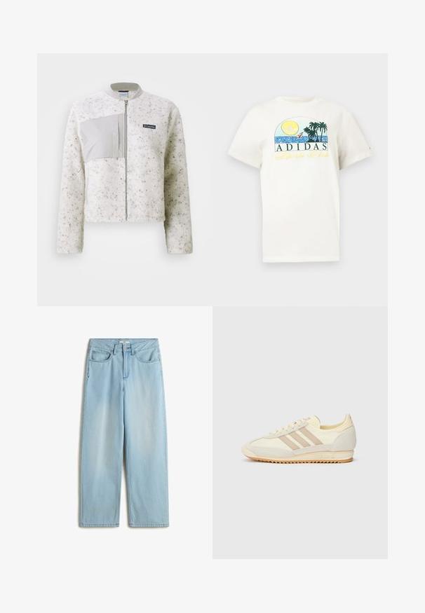 Witte fleece jacket met een gladde grijze paneel aan de linkerzijde, ritsluiting en geribbelde kraag. Gestructureerd oppervlak met subtiele spikkels.; Witte katoenen t-shirt met een grafisch ontwerp van een zon, palmbomen en water. "ADIDAS Sports Club" gedrukt in groen en geel.; Lichtblauwe hoge taille wijde jeans van denim materiaal, met vijf zakken, een rits en subtiele vervaging op de benen.; Crème sport sneaker met drie beige strepen, suède en textielmaterialen, een gestructureerde zool en geperst logo op de hiel.