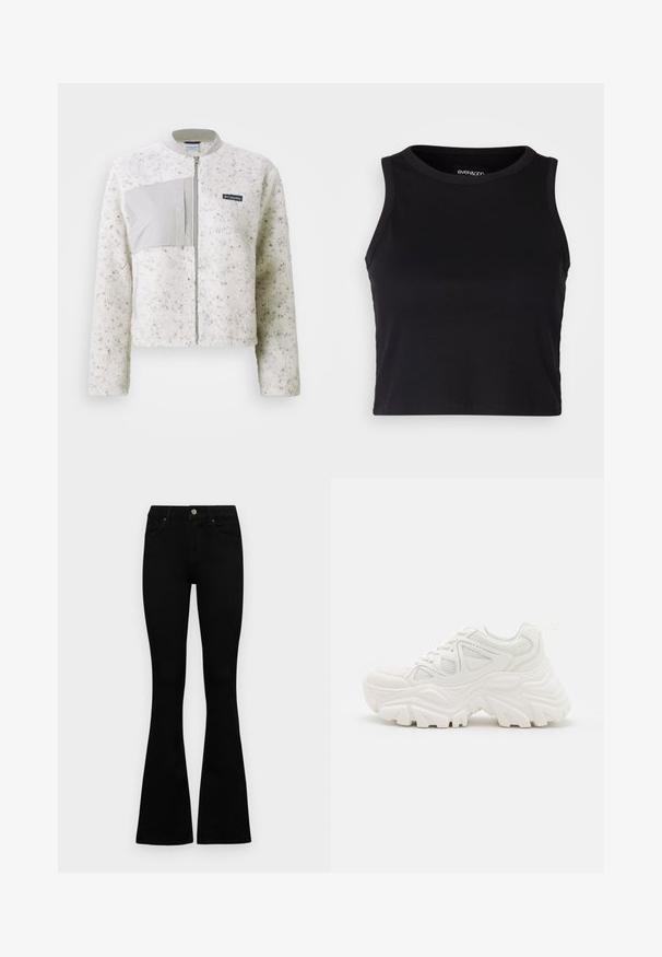Bela flis jakna z gladkim sivo panelom na levi, zadrgo in rebrasto ovratnico. Teksturno površje z diskretnimi pikami.; Črn rebrast kratki top z okrogllim izrezom in brezrokavnim dizajnom. Narejen iz mehke, raztegljive tkanine, z urejenimi robom.; Črne visokotopne kavbojke z gumbom in zadrgo, sprednjimi žepi in razširjenimi hlačnicami, poleg bel background.; Beli masivni športni čevlji z teksturirano površino, mrežnimi paneli in debelimi gumijastimi podplati s izrazitim profilom. Vključene so vezalke in zanka za poteg.