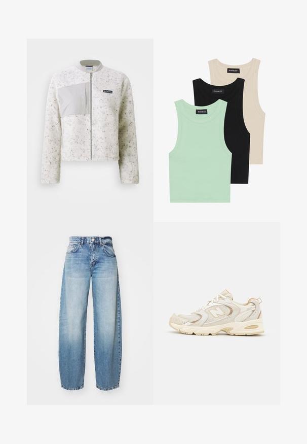 Bela flis jakna z gladkim sivo panelom na levi, zadrgo in rebrasto ovratnico. Teksturno površje z diskretnimi pikami.; Tri tanke s kratkimi rokavi v mint zeleni, črni in bež barvi; narejene iz rebrastih tkanin z okroglim izrezom in brez rokavov. Vidna oznaka blagovne znamke.; Svijetloplave široke traperice s izblijeđenim završetkom, pet džepova i dugmetom za zatvaranje. Tkanina je traper, s klasičnim šavovima i opuštenim krojem.; Bež športni čevlji z mrežasto in sintetično oblogo, ki imajo teksturirano površino, podložen ovratnik in 'ABZORB' blaženje v peti.