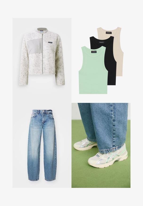 Biała polarowa kurtka z gładkim szarym panelem po lewej stronie, zamek błyskawiczny i ściągacz w kołnierzu. Teksturowana powierzchnia z delikatnymi plamkami.; Trzy topy na ramiączkach w kolorze miętowym, czarnym i beżowym; wykonane z prążkowanej tkaniny, z okrągłym dekoltem i bez rękawów. Widać metkę marki.; Jasnoniebieskie spodnie dżinsowe o szerokich nogawkach z wyblakłym wykończeniem, pięcioma kieszeniami i zapięciem na guziki. Materiał to dżins z klasycznym przeszyciem i luźnym krojem.; Białe i srebrne siatkowe sneakersy z zielonymi akcentami noszone z luźnymi niebieskimi dżinsami, stojące na zielonym dywanowym podłożu.