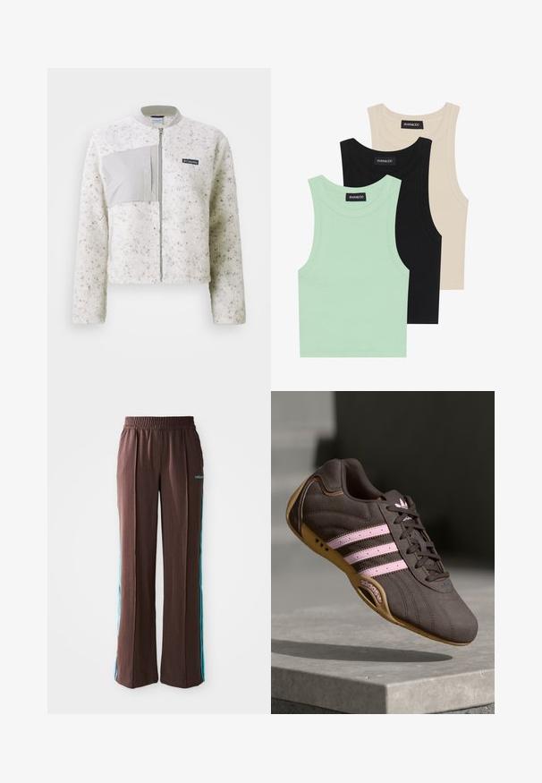 Giacca in pile bianca con un pannello grigio morbido sulla sinistra, chiusura con zip e colletto a costine. Superficie testurizzata con leggere macchie.; Tre canotte in verde menta, nero e beige; realizzate in tessuto a coste con scollatura rotonda e senza maniche. Etichetta del brand visibile.; Pantaloni sportivi marroni con texture a coste, vita elastica e strisce laterali turchesi. Presentano il logo adidas sul davanti.; Scarpa atletica in suede marrone con strisce e logo rosa, dotata di una tomaia testurizzata, chiusura con lacci e suola in gomma color miele.