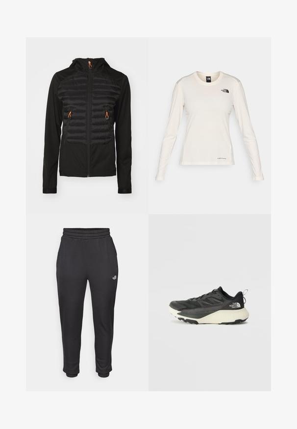 Schwarze Jacke mit einem gepolsterten Vorderteil, ausgestattet mit einem Reißverschluss vorne, zwei Taschen und orangen Kordeln. Glattes Material mit tailliertem Design.; The North Face SHADOW LONG SLEEVE - Langarmshirt - white dune; Schwarze Sweatpants mit elastischem Bund und Bündchen, aus weichem Stoff gefertigt, mit seitlichen Taschen und einem Logo auf dem linken Oberschenkel.; Schwarzer Sportschuh mit strukturiertem Obermaterial, ausgestattet mit grauen Akzenten und einer weißen Zwischensohle. Enthält eine Zuglasche und ein markantes Markenlogo an der Ferse.