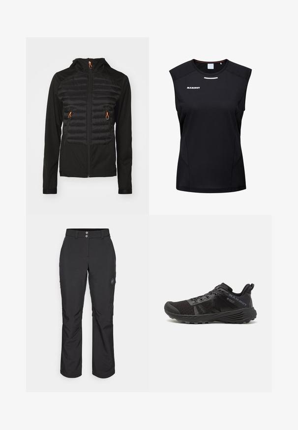 Zwarte jas met een puffy voorkant, voorzien van een ritssluiting aan de voorkant, twee zakken en oranje trekkoorden. Glad materiaal met een slim-fit ontwerp.; Mammut AENERGY FL - Top - black; Zwarte outdoor pants met een rechte snit, voorzien van een knoopsluiting, ritszakken aan de zijkant en een logo-label op de linker bovenbeen.; Zwarte hardloopschoen met een gestructureerde mesh bovenkant, versterkte neus en rubberen zool. Voorzien van een vetersysteem en logodetail aan de zijkant.