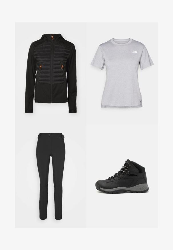 Giacca nera con una parte anteriore imbottita, dotata di chiusura con zip, due tasche e cordini arancioni. Tessuto liscio con una vestibilità aderente.; T-shirt grigio a maniche corte realizzato in morbido tessuto traspirante. Presenta un collo tondo e un piccolo logo bianco nella parte superiore sinistra.; Pantaloni neri aderenti realizzati in materiale flessibile. Presentano una tasca laterale con zip, ginocchia articolate e una texture liscia.; Stivale da trekking nero con design a metà altezza, dotato di una tomaia texturizzata, accenti grigi e suola in gomma resistente con tasselli per la trazione.