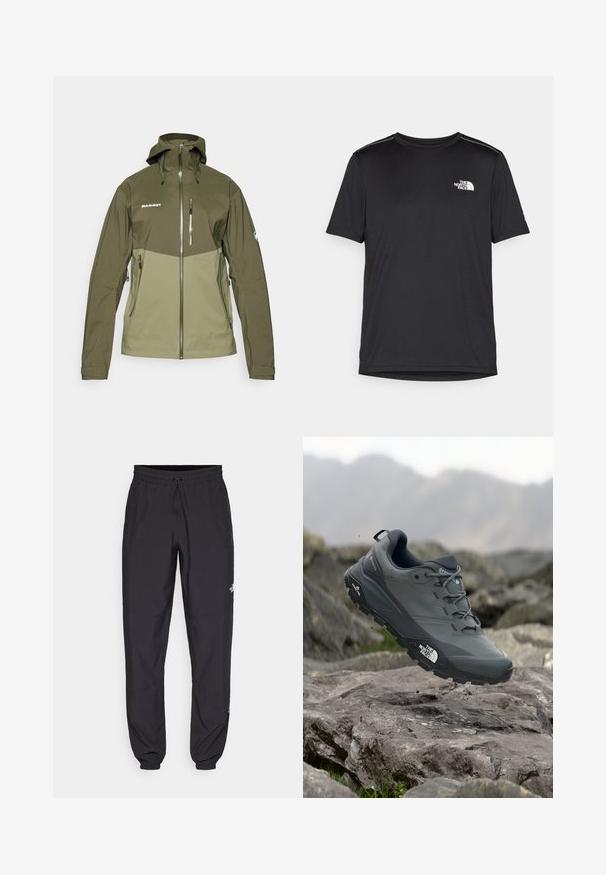 Oliven grøn udendørsjakke med to-tone design, lynlåslommer, justerbar hætte og elastiske manchetter. Har et mærke-logo på forsiden.; Sort t-shirt med korte ærmer lavet af letvægtsstof. Har et lille hvidt logo på venstre bryst og diskrete skuldrelementer.; Sorte atletiske bukser lavet af letvægtsstof, med en snor i taljen, sidelommer og tapered manchetter ved anklerne.; Grå trail løbesko med en tekstureret overdel, slidstærk gummisål og forstærket tåkap. Har snørebånd og mærkelogo på siden.