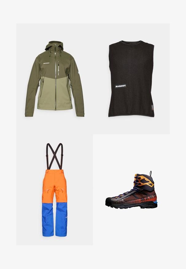 Veste d'extérieur vert olive avec un design bicolore, poches zippées, capuche ajustable et poignets élastiques. Présente un logo de marque sur le devant.; Haut sans manches noir en matière texturée, arborant un logo "Mammut" blanc et une petite étiquette d'accent rouge sur le côté, encolure ronde.; Pantalons imperméables orange et bleu avec bretelles ajustables noires, poches zippées à l'avant et panneaux de genoux renforcés pour les activités de plein air.; Botte de randonnée noire et orange en matériaux mesh et caoutchouc. Présente des accents bleus, des motifs texturés et un design à cheville haute pour un soutien optimal.