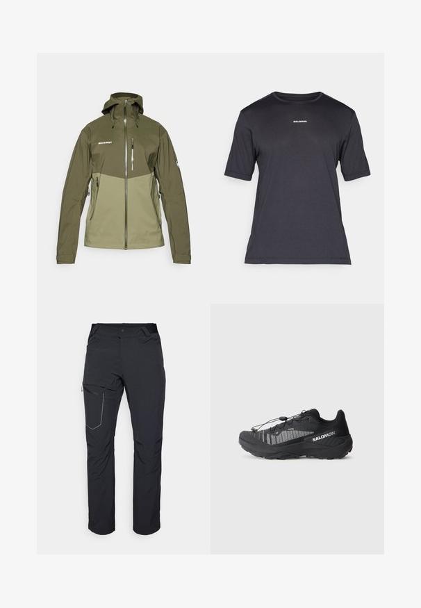 Veste d'extérieur vert olive avec un design bicolore, poches zippées, capuche ajustable et poignets élastiques. Présente un logo de marque sur le devant.; T-shirt de performance noir à manches courtes en tissu respirant, avec un col rond et un petit logo "SALOMON" blanc sur la poitrine.; Pantalon d'extérieur noir avec poche sur la cuisse zippée, taille élastique et tissu lisse, résistant à l'eau. Design épuré sans logos visibles.; Chaussure de trail running noire avec une tige en mesh texturé, des accents réfléchissants, une semelle rembourrée et un système de laçage élastique. Logo sur le côté.