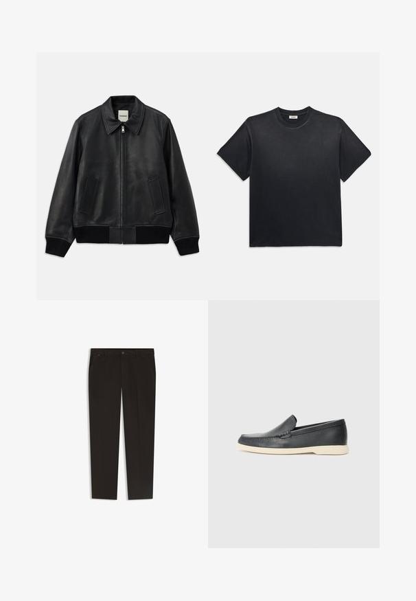 Giacca bomber in pelle nera con colletto, zip frontale e due tasche laterali. Presenta polsini e orlo a costine per un look aderente.; T-shirt in cotone nero con scollatura rotonda e maniche corte. Presenta una vestibilità comoda, una texture liscia e un design minimalista.; Pantaloni neri con un design a gamba dritta, realizzati in un tessuto liscio. Presentano una chiusura con bottone e tasche frontali. Senza motivi o accenti visibili.; Mocassini neri in pelle con finitura testurizzata e suola in gomma beige a contrasto. Presentano un accento sottile lungo la parte anteriore.