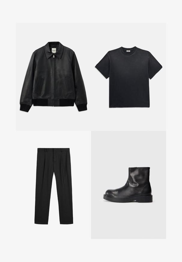 Giacca bomber in pelle nera con colletto, zip frontale e due tasche laterali. Presenta polsini e orlo a costine per un look aderente.; T-shirt in cotone nero con scollatura rotonda e maniche corte. Presenta una vestibilità comoda, una texture liscia e un design minimalista.; Pantaloni neri plissettati realizzati in un tessuto liscio, con una vita tradizionale e un design a gamba dritta. Nessun motivo visibile o elementi in metallo.; Stivali alla caviglia in pelle nera con punta arrotondata, texture liscia e suola in gomma nera spessa. Design minimalista senza hardware visibile.