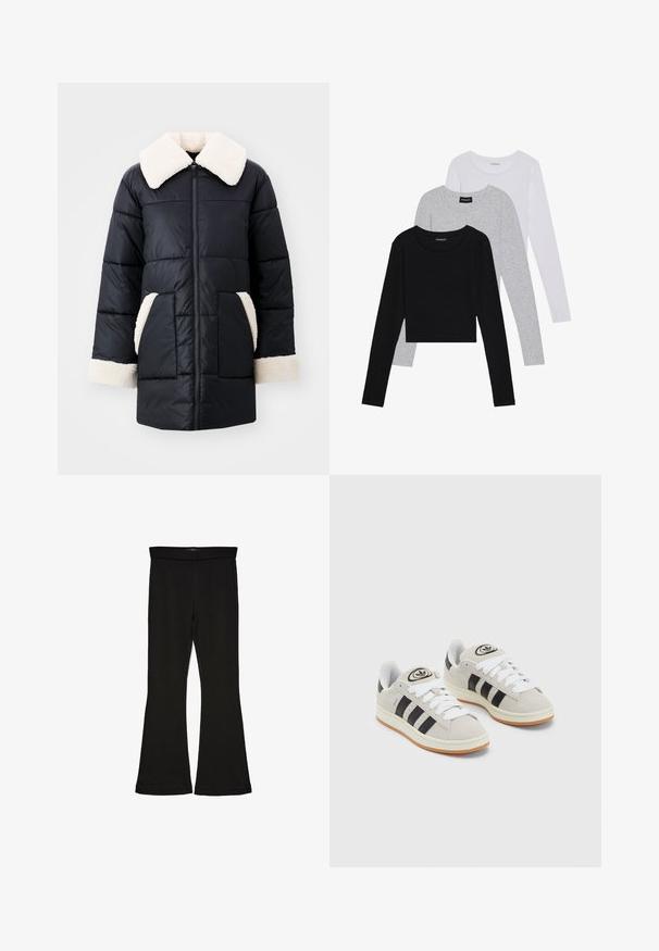 Jachetă puffer neagră cu un guler pufoșel crem, accente crem pe buzunare și mâneci, dotată cu un fermoar frontal și un design matlasat.; Trei bluze cu mânecă lungă așezate: neagră, gri și albă. Fiecare are un guler rotund și un design scurt, realizat dintr-un material fin și ușor.; Leggings negre cu tiv evazat, realizate dintr-un material elastic. Au o talie largă și o textură fină, cu o siluetă ajustată care se lărgește la tiv.; Adidași din suede gri cu șireți albi, dungi negre și talpă din cauciuc alb. Prezintă un logo circular pe limbă și o talpă din cauciuc.