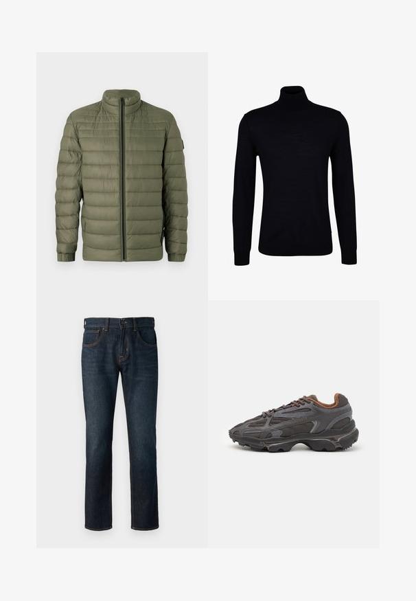 BOSS ODEN - Vinterjakker - open green; Sort turtleneck sweater i glat strikstof. Har lange ærmer, en tætsiddende hals og ribbede manchetter og kant for en tætsiddende pasform.; Mørkeblå denimjeans med lige pasform. Funktioner inkluderer en knap- og lynlåslukning, fem lommer og kontrasterende syninger.; Lacoste sneakers i mørkegrå med mesh og syntetisk materiale, udstyret med en tekstureret sål og brune accenter på kraven og brandingen.