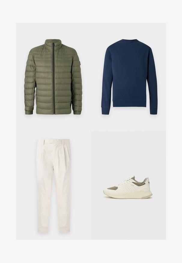 BOSS ODEN - Giacca invernale - open green; Felpa blu navy con collo rotondo, polsini costinati e orlo. Presenta un logo discreto sul petto dello stesso colore. Tessuto dalla texture liscia.; Pantaloni bianchi plissettati con taglio su misura, caratterizzati da una texture liscia, passanti per la cintura e gambe affusolate. Nessuna tasca o motivo visibile.; Sneaker atletica bianca e beige chiaro, con tomaia in mesh, dettagli perforati e una suola intermedia texturizzata con marchio sul tallone.