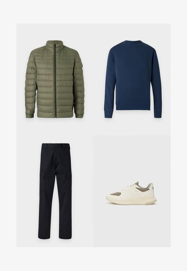 BOSS ODEN - Winter jacket - open green; Navy blue sweatshirt with a round neck, ribbed cuffs, and hem. Features a subtle logo at the chest in a matching color. Smooth fabric texture.; Black cargo pants made of sturdy fabric, featuring a straight-leg cut, two side pockets, and a button closure at the waistband.; White and light beige athletic sneaker, featuring a mesh upper, perforated detailing, and a textured midsole with branding on the heel.