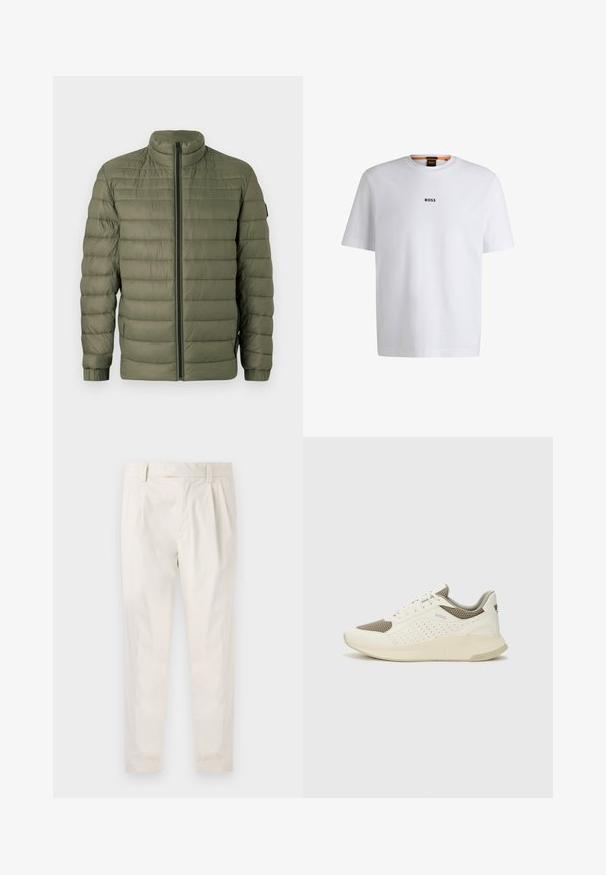 BOSS ODEN - Winter jacket - open green; White cotton T-shirt with short sleeves, featuring a black "BOSS" logo centered on the chest and a round neck design.; White, pleated trousers with a tailored fit, featuring a smooth texture, belt loops, and tapered legs. No visible pockets or patterns.; White and light beige athletic sneaker, featuring a mesh upper, perforated detailing, and a textured midsole with branding on the heel.