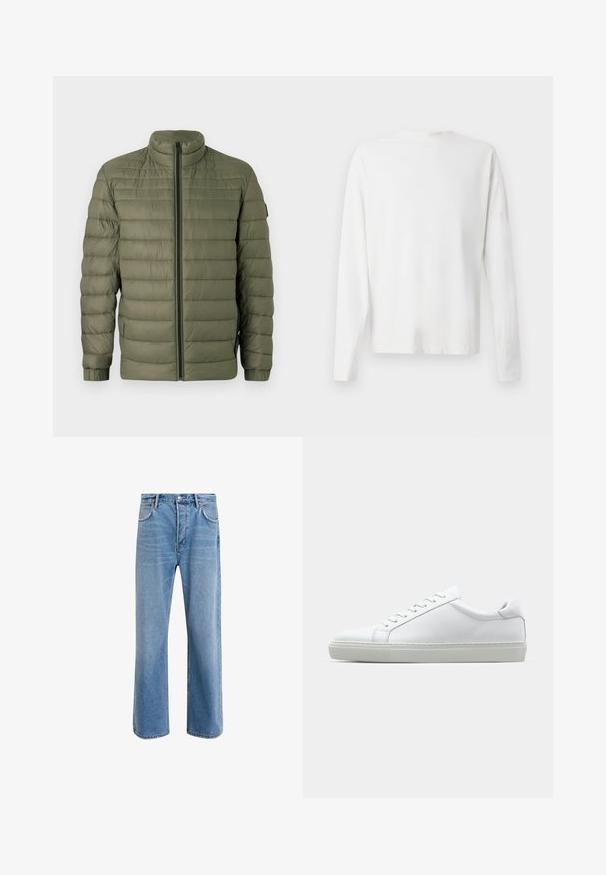 BOSS ODEN - Vinterjakke - open green; Langermet hvit bomullsskjorte med rund hals, sidespalter nederst og en jevn tekstur, vist fra baksiden.; Lys blå denimjeans med rett ben-design, fem lommer, knappeåpning, minimal falming og kontrasterende sømdetaljer.; Hvit sneakers med en glatt skinnoverdel og lav profil. Har en rund tå, seks snøring hull, og en teksturert gummisåle.
