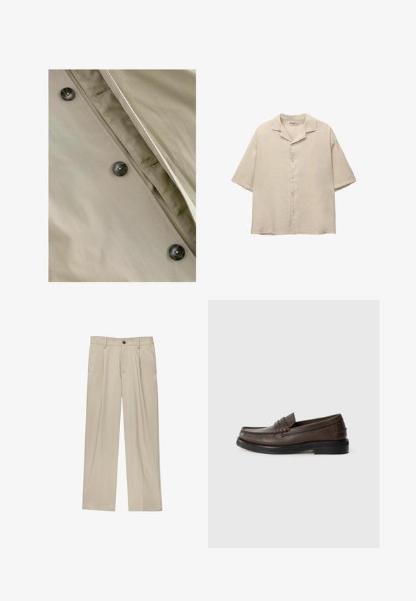 Khakifarbener Trenchcoat mit glatter Textur, ausgestattet mit dunklen Knöpfen und dezentem Stitching entlang der Knopfleiste und des Halsausschnitts.; Beige Kurzarmhemd aus leichtem Stoff, mit einem eingearbeiteten Kragen und fünf Knöpfen auf der Vorderseite, in lockerer Passform.; Beige Hosen mit geradem Schnitt, ausgestattet mit einem einzelnen schwarzen Knopf, Gürtelschlaufen und Seitentaschen. Glatte Stofftextur und minimalistisches Design.; Braune Lederloafers mit runder Spitze, detaillierter Naht und flacher schwarzer Sohle. Verfügt über einen kleinen dekorativen Riemen über dem Spann.