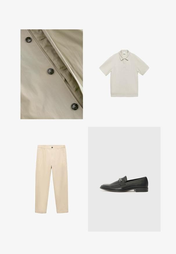 Khaki trenssitakki, jossa on sileä pinta, tummat napit ja huomaamaton ompelu yksityiskohta läpän ja kaulan ympärillä.; Mango Pikeepaita - grey; Beige, rentokaitseessa valmistetut housut; niissä on joustava vyötärö, etutaskut ja suora lahje.; Musta nahkakengät, joissa on sileä pinta, koristeelliset ompeleet ja metalliketjun yksityiskohta kengän päällä. Littee korko.