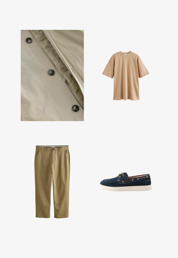 Gabardina caqui con una textura suave, que presenta botones oscuros y un sutil detalle de costura a lo largo de la tapeta y el escote.; Camiseta de manga corta color beige, hecha de algodón, con cuello redondo y corte relajado, presenta una textura suave y sin patrones ni acentos.; Chinos caqui fabricados en mezcla de algodón, con dos bolsillos laterales, cierre de botón, piernas rectas y una textura suave.; Zapatos náuticos azul marino fabricados en tela con costuras blancas y suela de goma. Presentan cordones y ojales marrones. Diseño de punta redondeada.