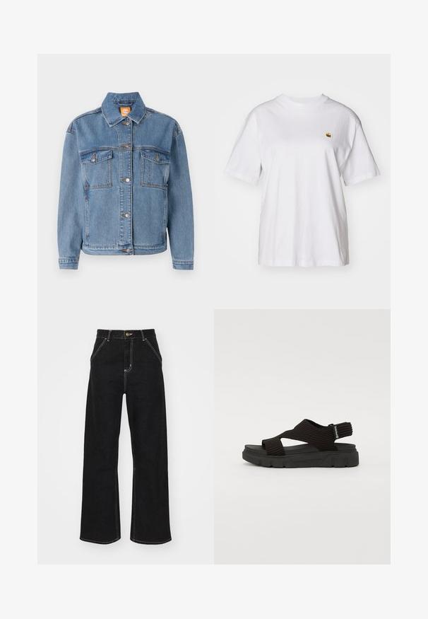 Sinine teksajakk, millel on klassikaline krae, nööpide etteosa, kaks rinna-taskut klappidega ja peened õmbluse detailid.; Valge puuvillane T-särk, millel on lõdva lõikega, lühikesed varrukad ja väike broderi logo vasakul rinnakarpi.; Mustmustest mustadest denimist, millel on kontrastsed valged õmblused ja esine nupp, kahe nurga all asuva esipocketiga.; Mustad mustad, millel on tekstuuriga elastne pealis, laiad ristilised rihmad ja tugev kummist tallaosa, millel on selge mustripaar.