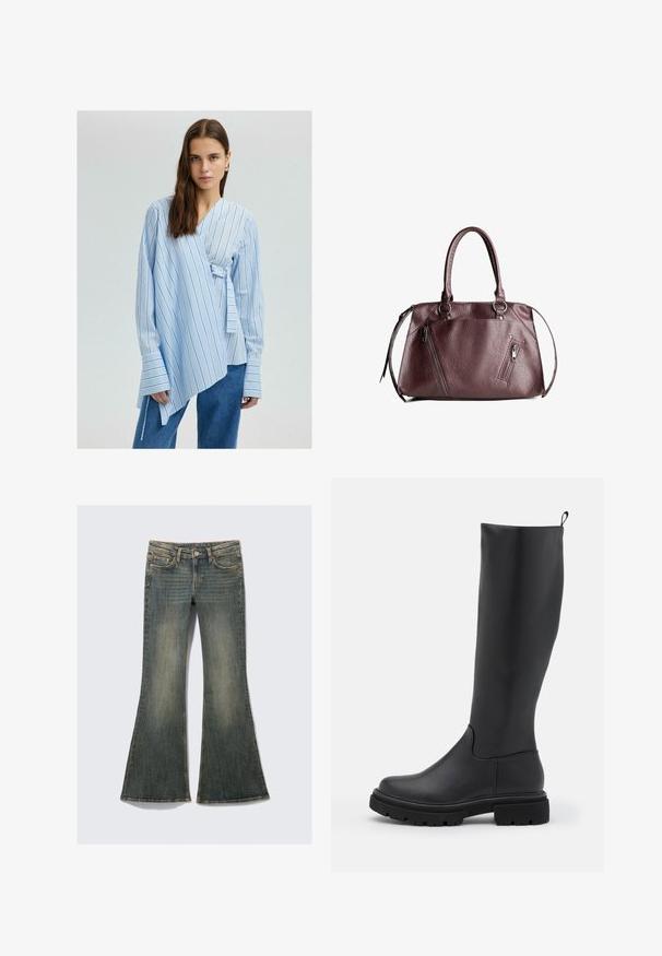 Svjetloplava wrap košulja s vertikalnim bijelim prugama, dugim rukavima i širokim manžetama. Ima detalj s bočnim vezivanjem za prilagodljivu veličinu.; Bela majica s kratkimi rokavi iz bombaža, s številko okroglega izreza in ravnim robom. Minimalistična zasnova brez vidnih vzorcev ali poudarkov.; Razširjene jeans hlače v zbledeli modri barvi s klasičnim petim žepnim dizajnom, ki imajo rahlo teksturo in vidne šive.; Črne škornje do kolen, izdelane iz gladkega mat materiala, z debelim podplatom, zaobljenim prstom in zanko na vrhu za enostavno oblačenje.; Burgundska usnjena torbica z dvojno ročico, teksturirano površino, stranskimi žepi na zadrgo in strukturirano obliko. Opremljena je z dodatki v srebrno-sivi barvi.