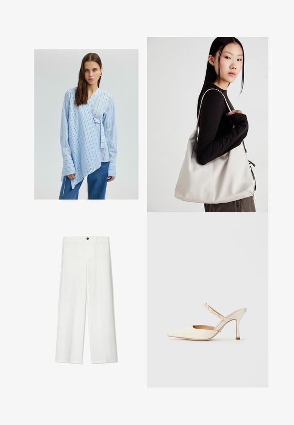 Cămașă în nuanțe de albastru deschis, cu dungi verticale albe, mâneci lungi și manșete largi. Prezintă un detaliu cu nod pe lateral pentru o ajustare confortabilă.; Tricou alb din bumbac, cu un grafic de homar roșu și text albastru care citește "Maine Beach Best Lobster of Massachusetts." Mâneci scurte.; Pantaloni albi, cu croi larg, dintr-o textură fină, cu închidere frontală cu buton și bucle pentru curea, concepuți pentru o încălțare confortabilă.; Steve Madden BRECKI - Tocuri înalte - ivory; Geantă bej din material moale, cu un design lejer, detalii cusute și două bretele pentru umăr. Potrivită pentru utilizarea zilnică.