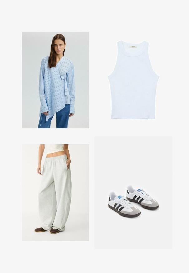 Svetlomodrá obopínajúca košeľa s vertikálnymi bielymi pruhmi, dlhými rukávmi a širokými manžetami. Má bočný šnúrkový detail pre nastaviteľné prispôsobenie.; Biele tielko, rebrový textúra, okrúhly výstrih, bezrukávový dizajn, priliehavý strih, diskrétne logo na štítku vo vnútri oblasti goliera.; Svetlo šedé tepláky s elastickým pásom, bočnými vreckami a voľným strihom. Vyrobené z mäkkej, textúrovanej látky; s jemnými švami.; Športové topánky s bielym koženým zvrškom, šedou semišovou špičkou a tromi čiernymi pruhmi. Obsahujú modré logo na jazyku a štruktúrovanú gumovú podrážku.