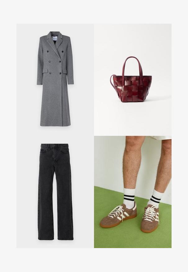 Cappotto grigio di lana con design doppiopetto, rever a punta, tre bottoni e due tasche laterali. Presenta una silhouette lunga e sagomata.; Cardigan grigio antracite realizzato in tessuto morbido, con colletto rotondo, maniche lunghe e cinque bottoni sulla parte anteriore.; Top marrone a maniche lunghe realizzato in tessuto testurizzato, con scollatura rotonda e una silhouette semplice e aderente, senza decorazioni visibili.; Jeans in denim nero con un design a gamba larga, caratterizzati da un classico stile a cinque tasche, chiusura con bottone e leggere sfumature.; Sneaker in suede marrone con dettagli e lacci bianchi. Suola in gomma color gomma. Indossati con calzini bianchi con righe nere. Pavimento verde texturizzato.; Borsa a tote in pelle borgogna intrecciata con due manici corti e una tracolla rimovibile. Presenta una forma strutturata e una texture liscia.