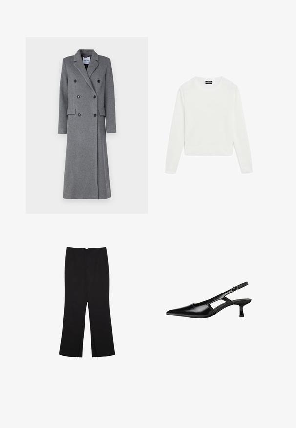 Grå uldfrakke med dobbeltbrystet design, spidse lapeller, tre knapper og to sidelommer. Har en lang, skræddersyet silhuet.; Hvid langærmet sweater, cropped design, blød tekstur, rund hals, ribbede manchetter og kant, minimalistisk stil uden synlige mønstre eller hardware.; Sorte bukser med lige pasform, der har frontlommer og slidser i kanten. Lavet af blødt, glat stof. Velegnet til forskellige anledninger.; Sorte patentlæder slingback hæle med spids tå, udskåret sideskærm og en lille firkantet hæl. Glat tekstur med minimale detaljer.