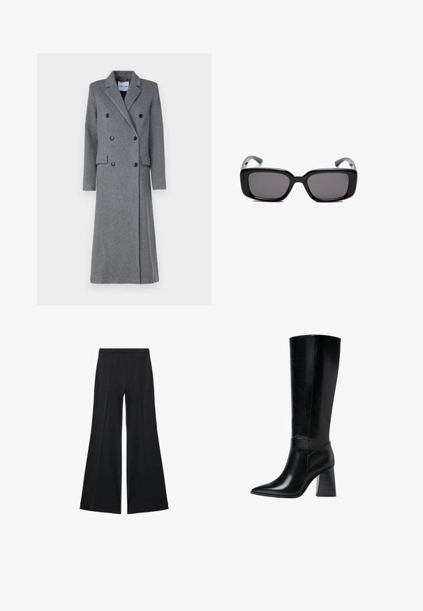 Harmaa villakangastakki, jossa on kaksirivinen muotoilu, lovetut kaulukset, kolme nappia ja kaksi sivutaskua. Ominaisuuksina pitkä, räätälöity siluetti.; Mustat korkeakauluksinen neulepaita pehmeästä kankaasta, jossa on pitkät hihat ja rento istuvuus, sekä yksinkertainen, minimalinen muotoilu.; Mustat leveälahkeiset housut, joissa on sileä pinta, etupuolella laskokset ja muotolaskettu malli. Kangas on kevyttä ja laskeutuvaa.; Polvisuoju mustat nahka-saappaat teräväkärkisillä, sileillä pinta-aloilla ja tukevalla uritetulla korolla vakauden saavuttamiseksi. Tyylikäs muotoilu, jossa on minimaaliset yksityiskohdat.; Mustat suorakulmaiset aurinkolasit tummilla linsseillä, sileä muovikehys ja kaarevat templet. Suunnittelu on jykevä ja minimalistinen.