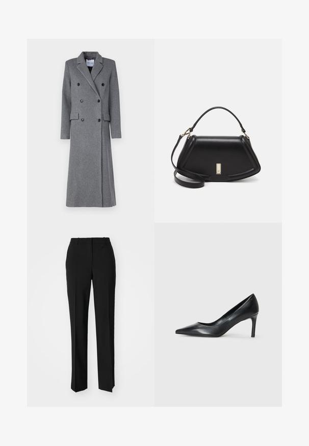 Cappotto grigio di lana con design doppiopetto, rever a punta, tre bottoni e due tasche laterali. Presenta una silhouette lunga e sagomata.; T-shirt nero a maniche lunghe in tessuto a coste con scollatura rotonda, realizzato in tessuto morbido, con un design semplice senza decorazioni o motivi.; Pantaloni neri su misura con un design a gamba dritta, caratterizzati da una texture liscia e pieghe ben definite sul davanti. Senza hardware visibile.; Pump nera in pelle con punta affusolata e tacco sottile, texture liscia e senza decorazioni visibili. Design pulito con un'estetica minimalista.; Borsa a mano in pelle nera con un design strutturato, caratterizzata da una forma corta, manico superiore e accessori in metallo dorato. Inclusa tracolla regolabile.