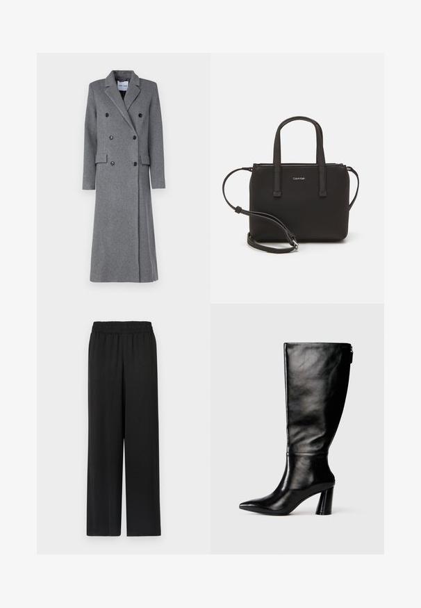 Grå uldfrakke med dobbeltbrystet design, spidse lapeller, tre knapper og to sidelommer. Har en lang, skræddersyet silhuet.; Hvid langærmet skjorte lavet af ribbet stof, med runde udskæring og tætsiddende pasform. Ingen mønstre eller accenter er til stede.; Sorte brede bukser med elastisk talje, lavet af et glat, let stof. Har en lige pasform og ingen synlige mønstre.; Knee-high sorte læderstøvle med spids tå, glat tekstur og en kraftig hæl. Har en lynlåsdetaile bagpå.; Sort håndtaske med to korte håndtag og en aftagelig skulderrem. Glat læderagtigt materiale med lynlåslukning og logo detaljer.