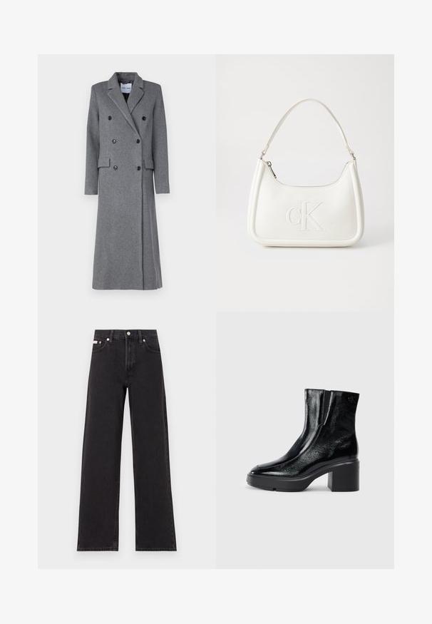 Grå uldfrakke med dobbeltbrystet design, spidse lapeller, tre knapper og to sidelommer. Har en lang, skræddersyet silhuet.; Sort bomulds t-shirt med rund hals, korte ærmer og blåt broderet "Calvin Klein JEANS" logo på fronten.; Sorte vidde jeans lavet af denim, med høj talje, fem-lomme stil og en metalknap lukning med kontrasterende syninger.; Sorte patenterede læderankelstøvler med en buet tå, elastiske sidepaneler og en kraftig blokhæl. Har et præget logo på bagsiden.; Hvid lædertaske med en buet form, der har et præget "CK"-logo på fronten og en enkelt skulderrem. Lynlåslukning i toppen.