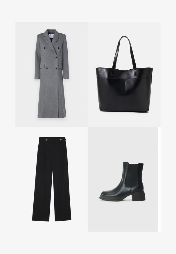 Grauer Wollmantel mit doppelter Knopfleiste, Reverskragen, drei Knöpfen und zwei seitlichen Taschen. Mit einer langen, taillierten Silhouette.; Zwei Langarmoberteile, eines schwarz und eines weiß, beide mit einem quadratischen Ausschnitt und aus weichem, dehnbarem Stoff.; Schwarze weite Hosen mit hoher Taille, Knopfdetails am Bund und vorderen Falten.; Schwarze Leder-Stiefelette mit elastischen seitlichen Einsätzen, runder Zehenpartie und niedrigem Blockabsatz. Die Oberfläche hat eine glatte Textur und minimalistische Details.; Schwarze Leder-Shopper-Tasche mit zwei langen Griffen, einer glatten Textur und einer strukturierten Form. Verfügt über eine Vordertasche für zusätzlichen Stauraum.