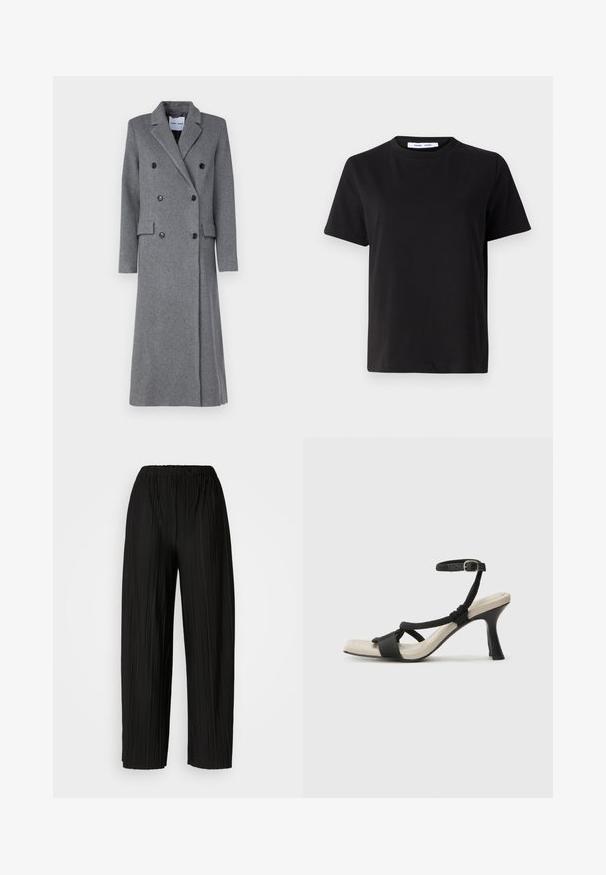 Hallide hall coat kahekordse nööbistamisega, sakiliste kraedega, kolme nööbiga ja kahe küljetaskuga. Omab pikka, kohandatud siluetti.; Must have lühikeste varrukatega t-särk, mis on valmistatud pehmest puuvillast, ümmarguse kaelusega, lõdva sobivusega ja sileda tekstuuriga. Ei ole nähtavaid mustreid ega graafikat.; Mustad voodri laiad püksid elastse vöökoha ja vertikaalsete volangidega, millel on sile tekstuur.; Mustad musta kontsaga sandaal, millel on punutud rihma disain, ruudukujuline varvas ja reguleeritav pahkluu rihm. Heleda beeži värvi jalapadi ja läikiv must konts.