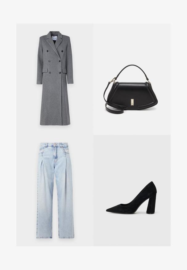 Cappotto grigio di lana con design doppiopetto, rever a punta, tre bottoni e due tasche laterali. Presenta una silhouette lunga e sagomata.; Top bianco senza maniche a collo alto realizzato in tessuto morbido, caratterizzato da un design strutturato con una superficie liscia e un sottile dettaglio a coste sull'orlo.; Jeans in denim azzurro chiaro con vita alta, taglio a gamba larga, due tasche laterali e design plissettato. Texture morbida con una finitura sbiadita.; Pump nera in suede con tacco alto, punta affilata e tacco spesso. Design elegante, texture liscia e stile minimalista. Nessun marchio visibile.; Borsa a mano in pelle nera con un design strutturato, caratterizzata da una forma corta, manico superiore e accessori in metallo dorato. Inclusa tracolla regolabile.