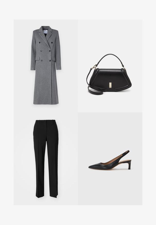 Gray wool coat with a double-breasted design, notched lapels, three buttons, and two side pockets. Features a long, tailored silhouette.; White cropped T-shirt, short wide sleeves, soft cotton material, round neckline with subtle orange trim, minimal design, no patterns or graphics.; Black tailored trousers with a straight-leg design, featuring a smooth texture and crisp creases along the front. No visible hardware.; Black leather slingback pump with a pointed toe, low heel, and a smooth texture. Features a thin adjustable strap for a secure fit.; Black leather handbag with a structured design, featuring a cropped shape, top handle, and gold hardware accent. Adjustable shoulder strap included.