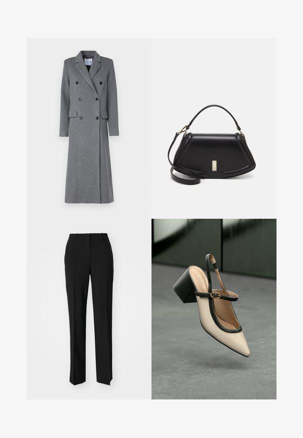 Grå uldfrakke med dobbeltbrystet design, spidse lapeller, tre knapper og to sidelommer. Har en lang, skræddersyet silhuet.; Hvid cropped T-shirt, korte brede ærmer, blødt bomuldsstof, rund halsudskæring med diskret orange kant, minimalistisk design uden mønstre eller grafik.; Sorte skræddersyede bukser med lige ben-design, der har en glat tekstur og skarpe folder langs fronten. Ingen synlige hardware.; Beige høje hæle slingback-sko med spids tå, sort kant og spænde detalje. Glat materiale med mat finish, mellemstor blokhæl.; Sort læderhåndtaske med en struktureret design, der har en kortet form, tophåndtag og guld hardware-accenter. Justerbar skulderrem inkluderet.
