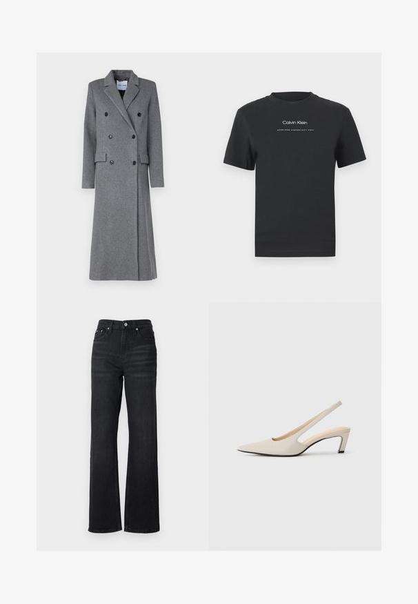 Grå ullfrakk med dobbeltradet design, notched krage, tre knapper og to sidelommer. Har en lang, skreddersydd silhuett.; Svart bomull T-skjorte med rund hals, korte ermer, og hvit trykt "Calvin Klein" logo og tekst "Etablert 1968".; Sorte denim vide bukser med høj talje, fem-lomme design og sølv metalknap. Stoffer har en glat tekstur og let stræk.; Spiss tå slingback-sko i beige lær, med utskjæringsdesign, 5 cm blokkhæls, og en glatt tekstur. Svart såle fremhever.