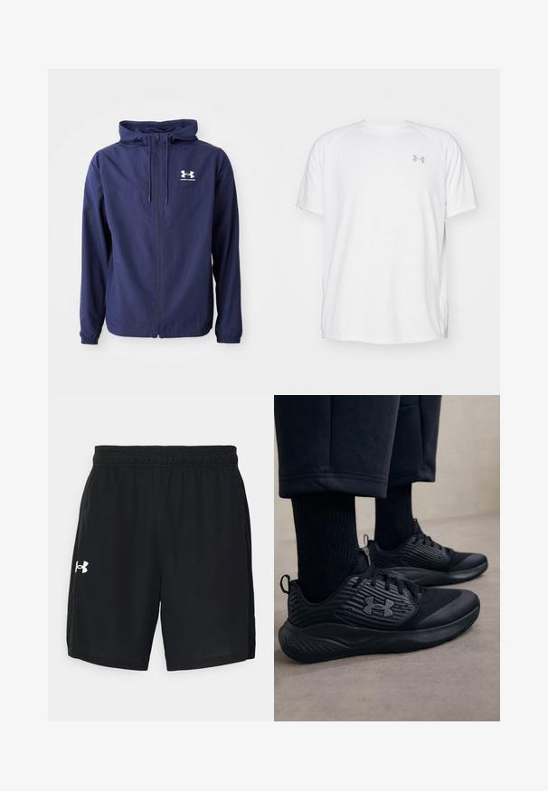 Jachetă ușoară de culoare bleumarin, cu fermoar frontal, glugă ajustabilă, mansete elastice și un logo alb pe piept. Material neted, cu textură.; Camică sport cu mânecă scurtă, de culoare albă, fabricată dintr-un material neted. Dispune de un guler tip crew și un logo gri pe pieptul stâng, cu slituri laterale la tiv.; Șorturi atletice negre, dintr-un material ușor, cu un tiv elastic și un logo alb pe partea stângă.; Persoană purtând adidași sport negri cu laturi texturate și logo, asortați cu șosete negre și pantaloni scurți, pe un podea deschisă.