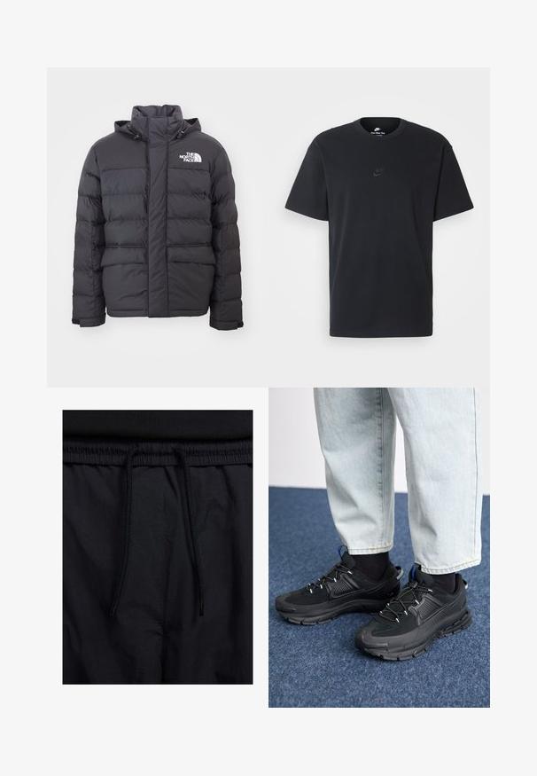 Black padded jacket with a high collar and adjustable hood, featuring the North Face logo. Two front pockets with a smooth texture.; Nike black cotton t-shirt with a classic crew neck, short sleeves, and a subtle, embossed logo on the chest. Smooth texture.; Black shorts featuring a drawstring waistband, lightweight fabric with a smooth texture, and a simple design without visible logos or patterns.; Black athletic shoes with textured fabric and rubber soles, featuring elastic laces and a blue accent on the heel. Worn with light denim pants.
