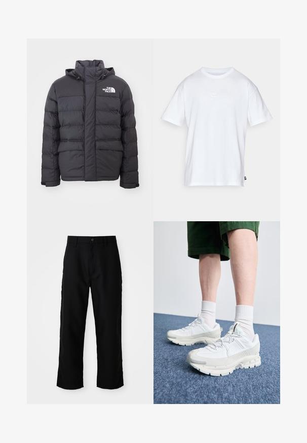 Casaco acolchoado preto com colarinho alto e capuz ajustável, apresentando o logotipo da North Face. Duas bolsos frontais com uma textura suave.; T-shirt de algodão branco com mangas curtas e decote redondo. Apresenta um pequeno e discreto logótipo da Nike no peito e uma etiqueta lateral.; Calças pretas de perna reta com passantes para cinto, fecho frontal com botão e zip. Fundo claro e liso.; Sapatos atléticos brancos com sobreposições texturizadas, sola espessa e detalhes em cinza. Usados com meias brancas até ao tornozelo e calções verdes sobre uma superfície azul.
