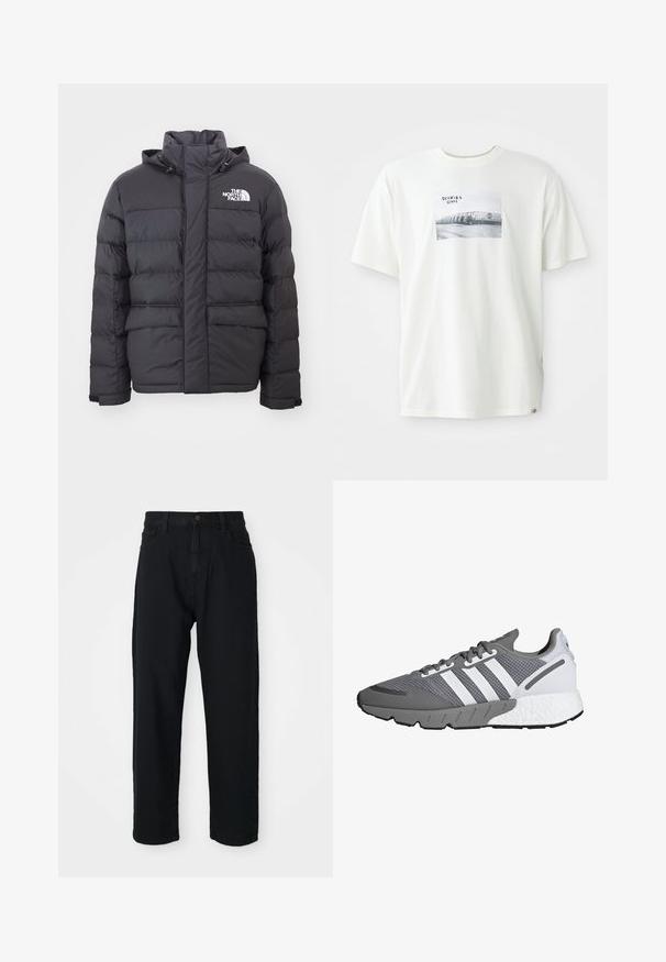 Musta vuorattu takki, jossa on korkea kaulus ja säädettävä huppu, ja jossa on North Face -logo. Kaksi etutaskua, joissa on sileä pinta.; Valkoinen puuvillapaita, jossa on suorakaiteen muotoinen mustavalkoinen graafinen printti, jossa lukee "DICKIES 1922". Lyhyet hihat ja rento malli.; Mustat farkkushortsit suoran lahkeensuuden leikkauksella. Ominaisuuksiin kuuluu klassinen viiden taskun muotoilu, nappisulku ja hienovarainen kankaan rakenne.; Harmaa ja valkoinen urheilukenkä, jossa on verkkovuori, kolme valkoista raitaa, pehmustettu pohja ja teksturoitu harmaa kumipohja.