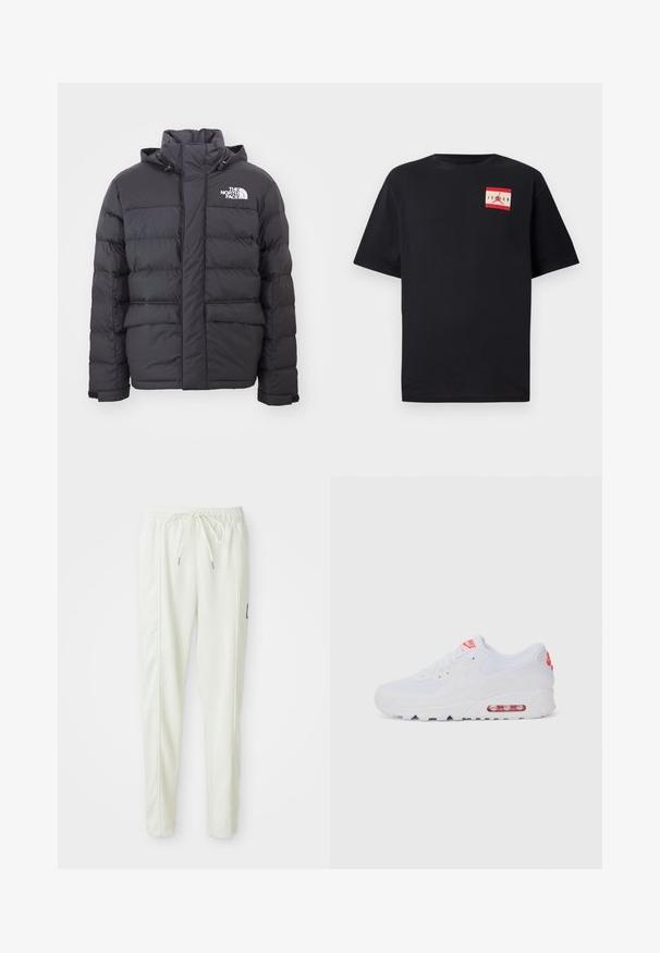 Black padded jacket with a high collar and adjustable hood, featuring the North Face logo. Two front pockets with a smooth texture.; Black short-sleeve T-shirt made of cotton, featuring a red and white graphic logo patch on the left chest area. Classic crew neck design.; White slim-fit jogger pants with elastic waistband and drawstring, featuring side seam detailing and a small black patch on the right leg.; White athletic sneaker featuring a smooth upper, lace closure, cushioned sole, and a visible air unit with red accents on the branding.