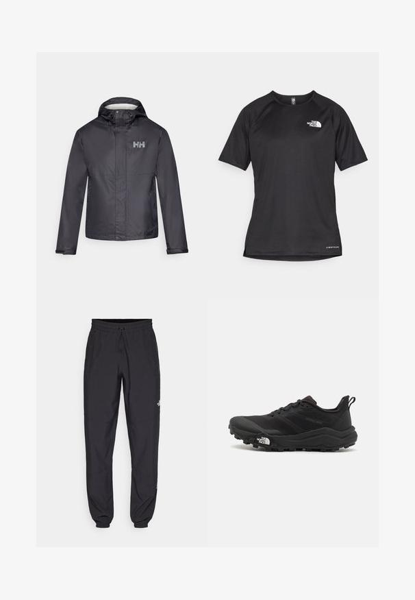 Veste imperméable noire avec capuche, dotée d'une fermeture éclair sur le devant, de poignets élastiques et d'un logo blanc sur la poitrine gauche. Matière lisse et légère.; T-shirt de sport noir à manches courtes avec un tissu texturé, arborant un logo blanc sur la poitrine gauche et un ourlet droit.; Pantalon de sport noir en tissu léger, avec une taille à cordon, des poches latérales et des chevilles resserrées.; Chaussure de trail running noire avec une tige texturée, semelle en caoutchouc et bout renforcé. Présente un col rembourré et une tirette pour un enfilage facile.