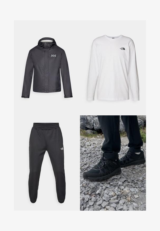 Giacca impermeabile nera con cappuccio, dotata di zip frontale, polsini elasticizzati e un logo bianco sul lato sinistro del petto. Materiale liscio e leggero.; T-shirt bianco a maniche lunghe in cotone con colletto rotondo. Presenta un piccolo logo nero sul petto. Texture liscia, vestibilità regolare.; Pantaloni sportivi neri con vita regolabile tramitecordino, vestibilità affusolata, polsini elasticizzati e un piccolo logo bianco sulla coscia sinistra, realizzati in tessuto morbido.; Scarpe da esterni nere realizzate in mesh e materiale sintetico, con una parte superiore testurizzata, un sistema di allacciatura sicuro e una suola robusta, su terreno roccioso.